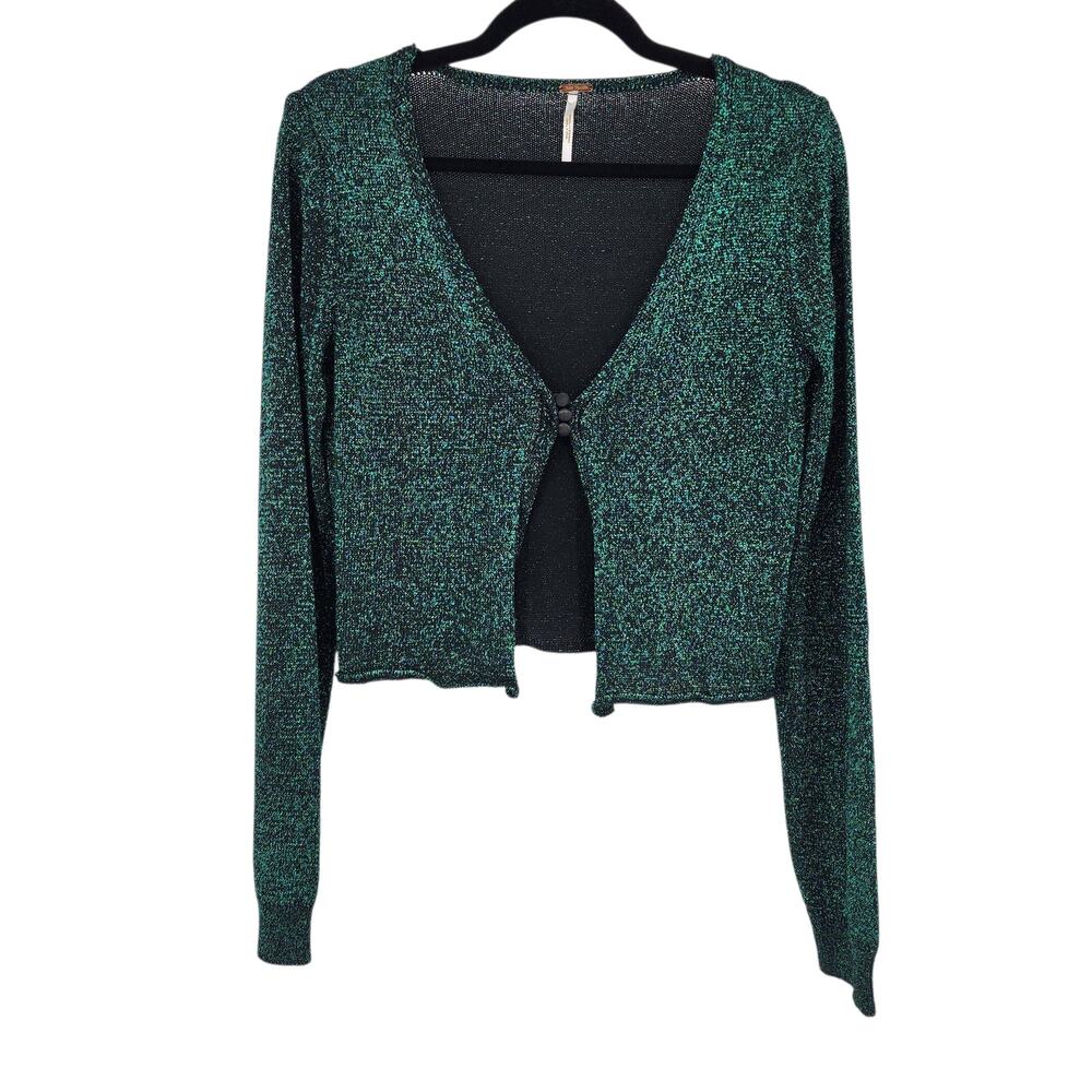Free People Women's Green Shimmer Emmaline Cardigan Sweater Size Medium